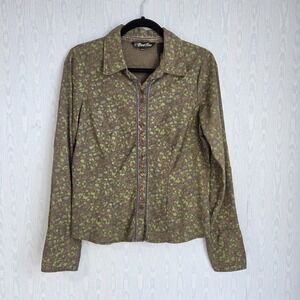 Women's Medium Button Down Shirt Green Floral Crinkle Earthy Forest Nature